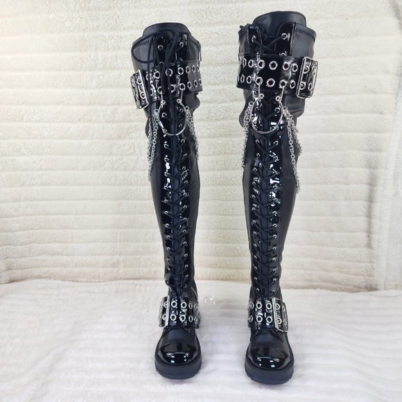 Bratty Big Buckle Strap Drape Chain Block Heel Stretch Thigh Goth Boots - Picture 2 of 15